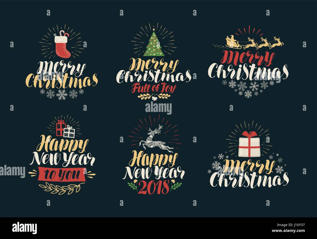 Joyeux Noël et Bonne Année, l'étiquette définie. Icônes de Noël ou logos. Vector illustration lettrage Illustration de Vecteur