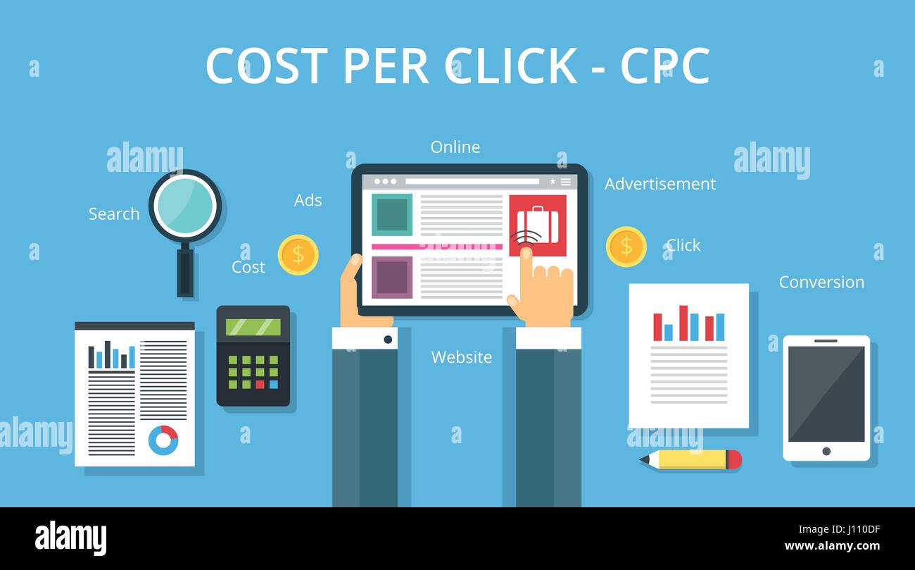 Coût par clic - CPC . Le search marketing - publicité - publicité digital media concept. Main tenant les appareils numériques, conception de bannières web Illustration de Vecteur