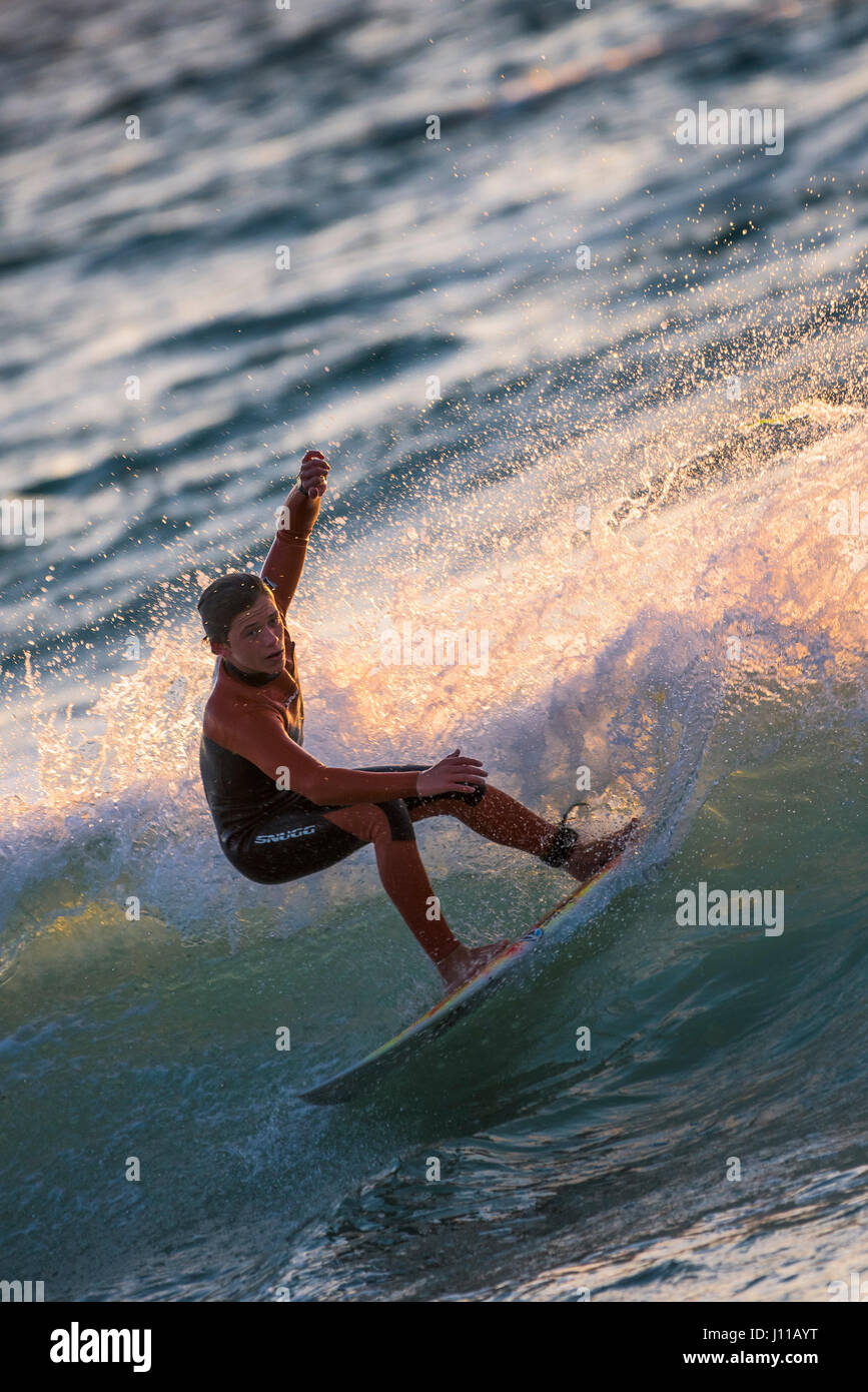 Surf Royaume-Uni Surfer Fistral Cornwall soir lumière vague Surf board Spray de mer Sports nautiques soirée activité physique compétence action spectaculaire Banque D'Images