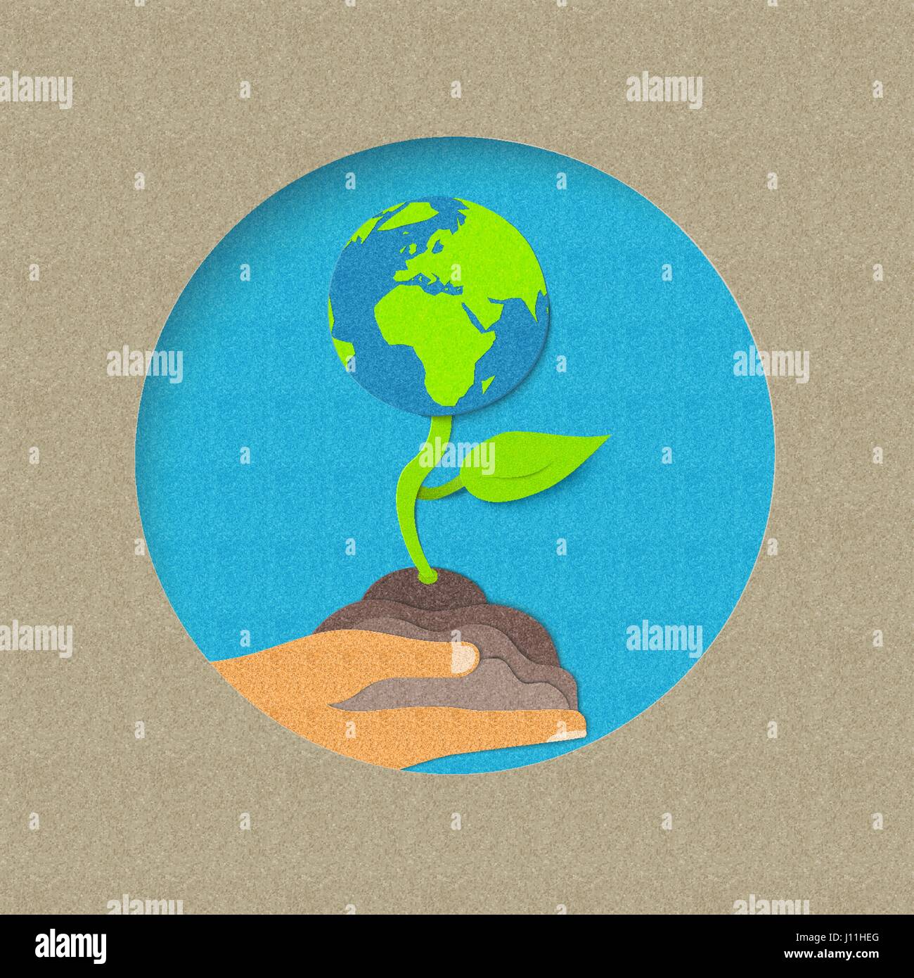 Le jour de la terre illustration pour soins de mondiale de l'environnement. Modèle de coupe de papier de plus en plus de l'usine à partir de la main humaine. Vecteur EPS10. Illustration de Vecteur