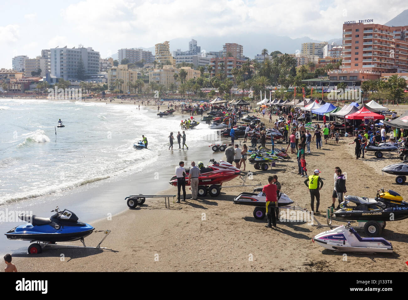 Foule sur la plage au championnat d'Espagne 2017, Jet ski, jetski, Benalmadena, Andalousie, espagne. Banque D'Images