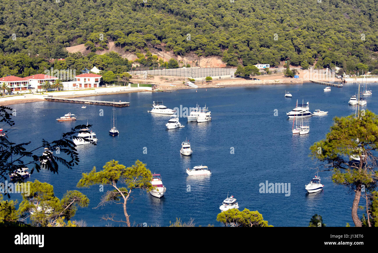 Beaucoup de yachts garés à Bay à l'arrière d'Heybeliada qui est l'une des îles des Princes près de Istanbul Banque D'Images