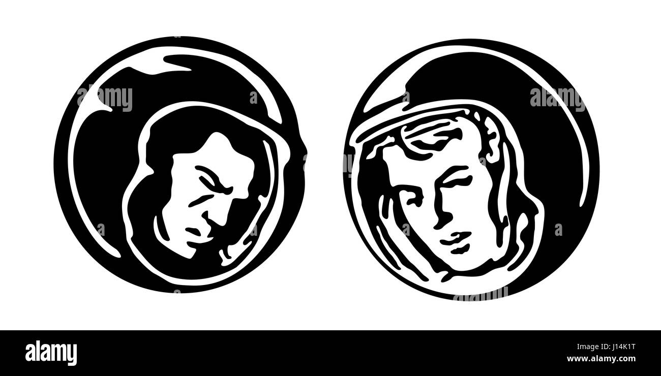 Silhouettes vecteur de l'homme et de la femme en costume de l'espace Illustration de Vecteur