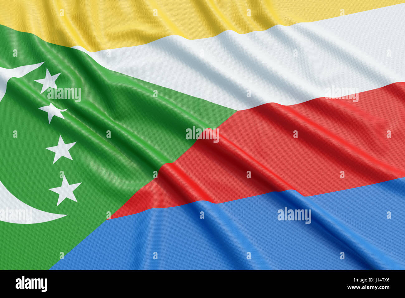 Comores drapeau. Tissu texture ondulée très détaillés. Illustration 3D Rendering Banque D'Images