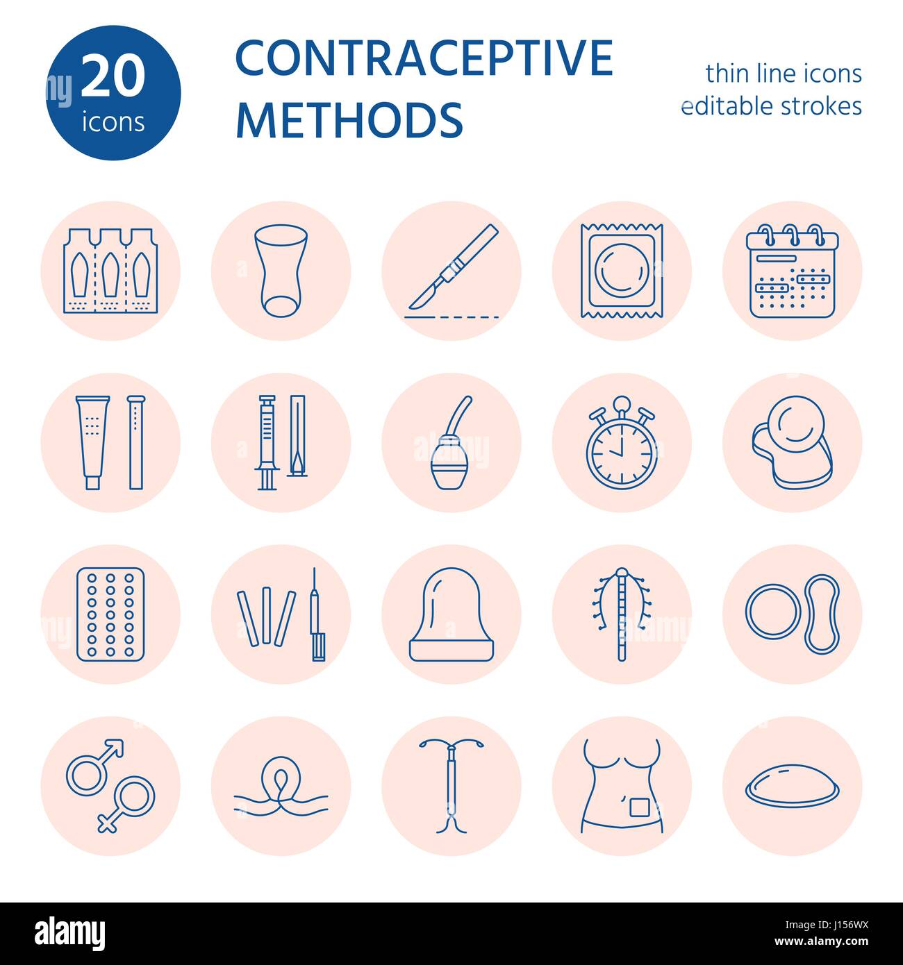 Icônes de ligne de méthodes contraceptives. L'équipement de contrôle des naissances, les préservatifs, contraceptifs oraux, stérilet, méthodes de barrière, l'anneau vaginal, la stérilisation. Sexe sans risque linéaire mince panneaux pour une clinique médicale Illustration de Vecteur