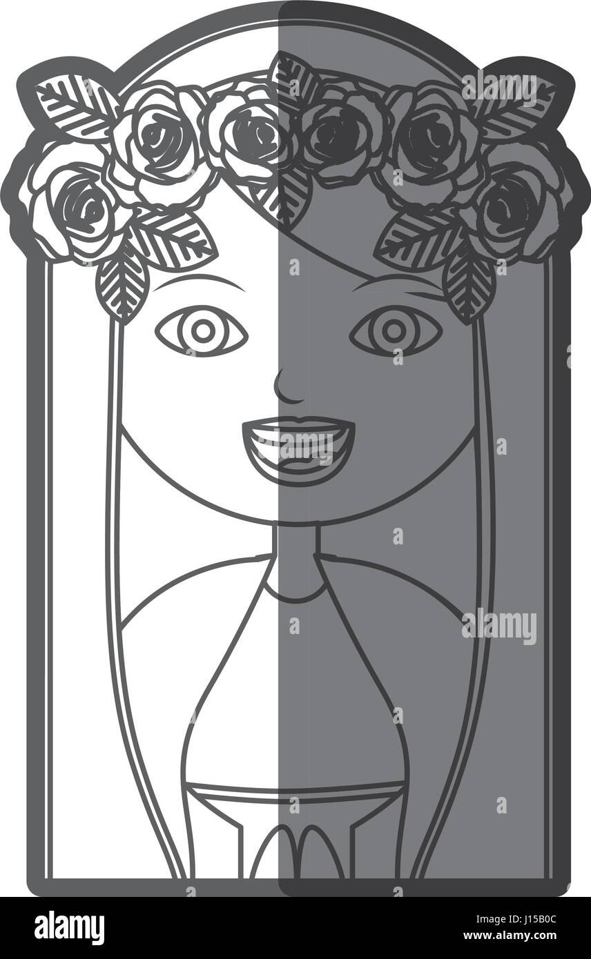 Silhouette monochrome figure moitié du corps vierge maria cartoon avec couronne de roses Illustration de Vecteur