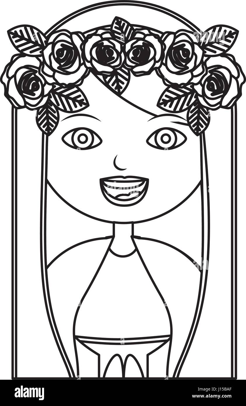 Contour de corps monochrome demi belle vierge avec couronne de roses Illustration de Vecteur