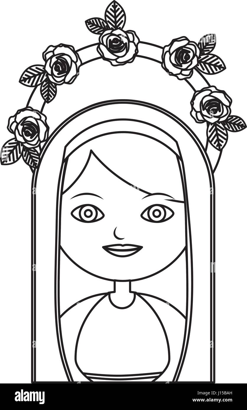 Contour de corps monochrome demi belle vierge avec couronne de roses et du manteau Illustration de Vecteur