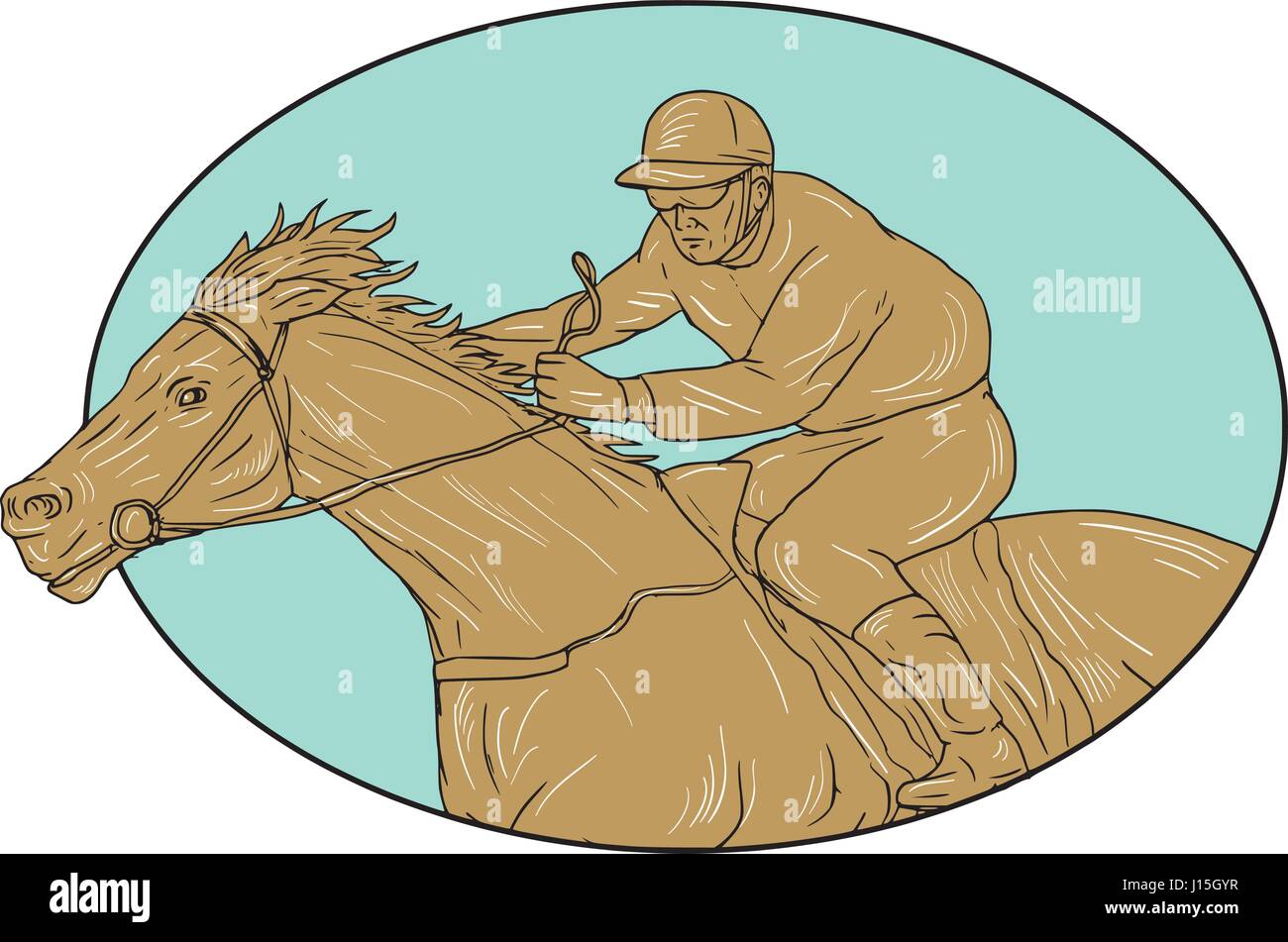 Croquis dessin illustration style de horse and jockey racing vu du côté situé à l''intérieur de la forme ovale sur fond isolé. Illustration de Vecteur