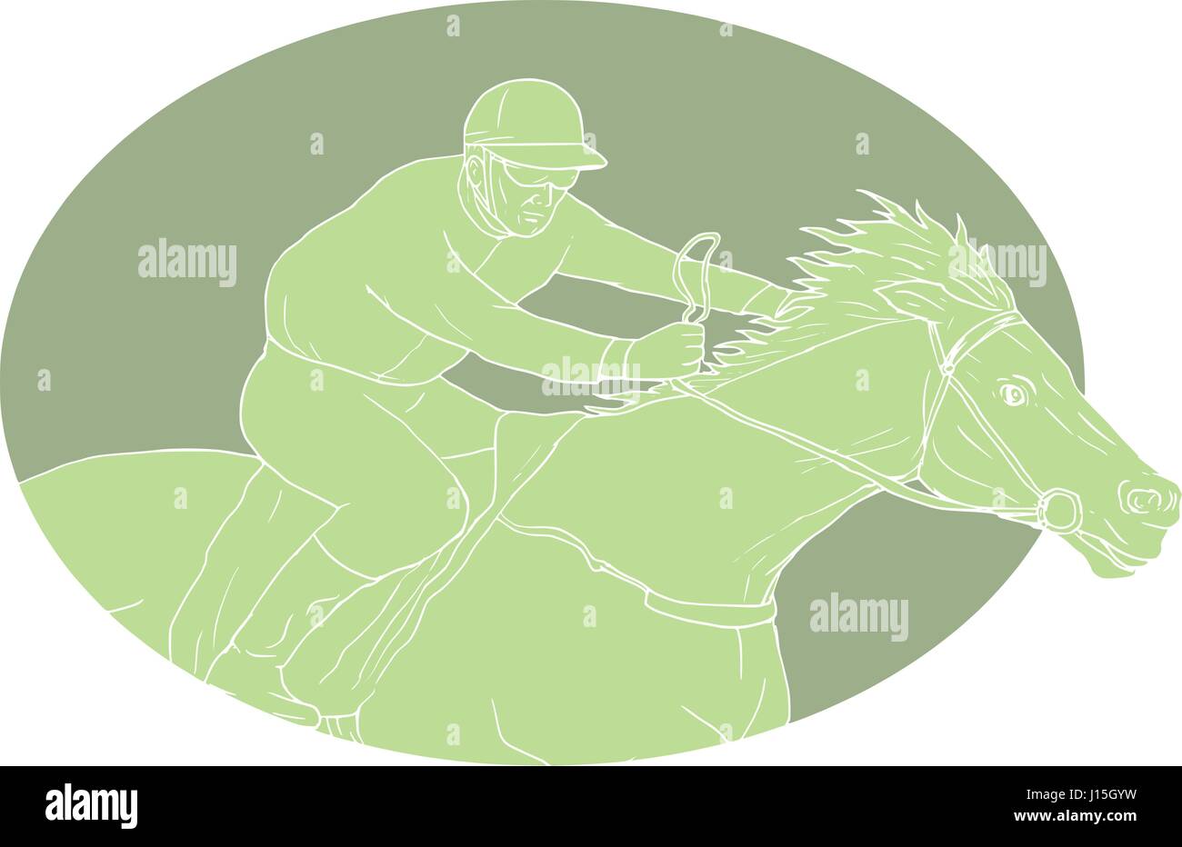 Croquis dessin illustration style de jockey riding a horse racing vu du côté situé à l''intérieur de la forme ovale sur fond isolé. Illustration de Vecteur