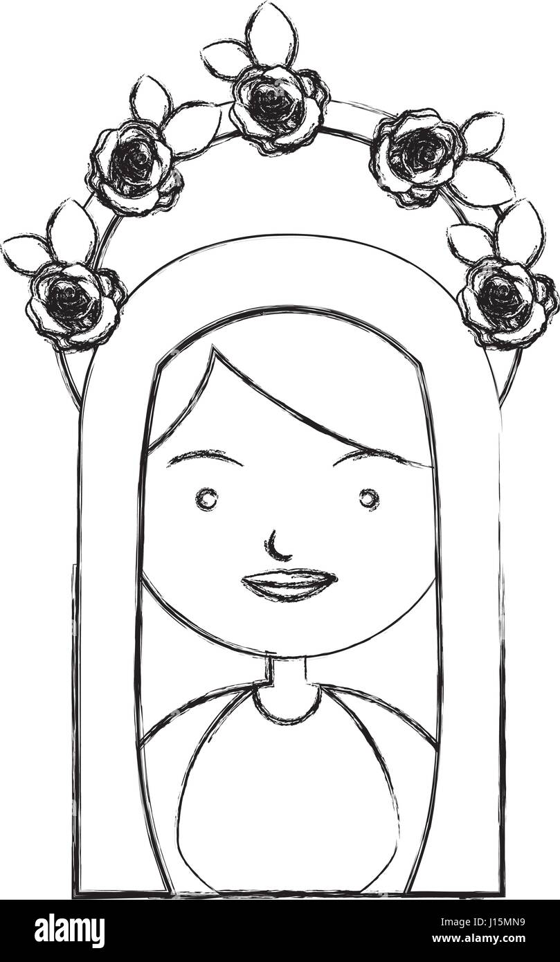 Contour de dessin monochrome moitié du corps, belle vierge avec couronne de roses et du manteau Illustration de Vecteur