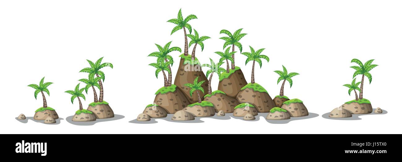 Différentes collines avec des palmiers tropicaux, panorama Illustration de Vecteur