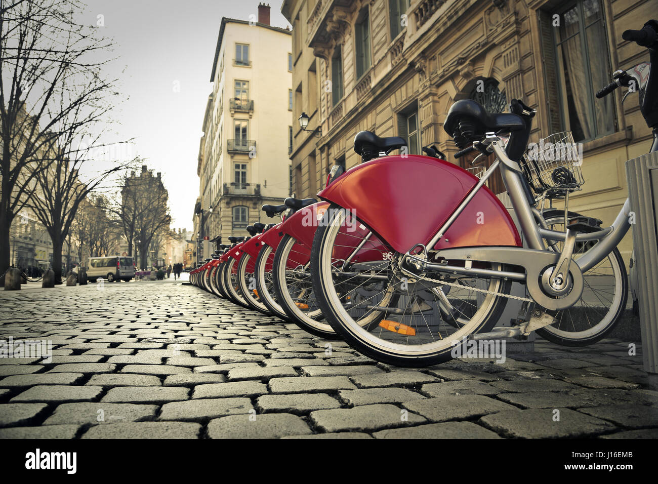 Vélos alignés sur la rue Banque D'Images