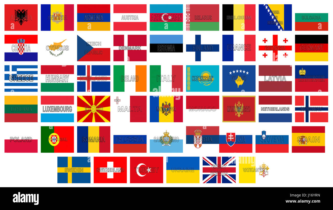 Illustration de tous les drapeaux de l'Europe avec les pays noms écrits