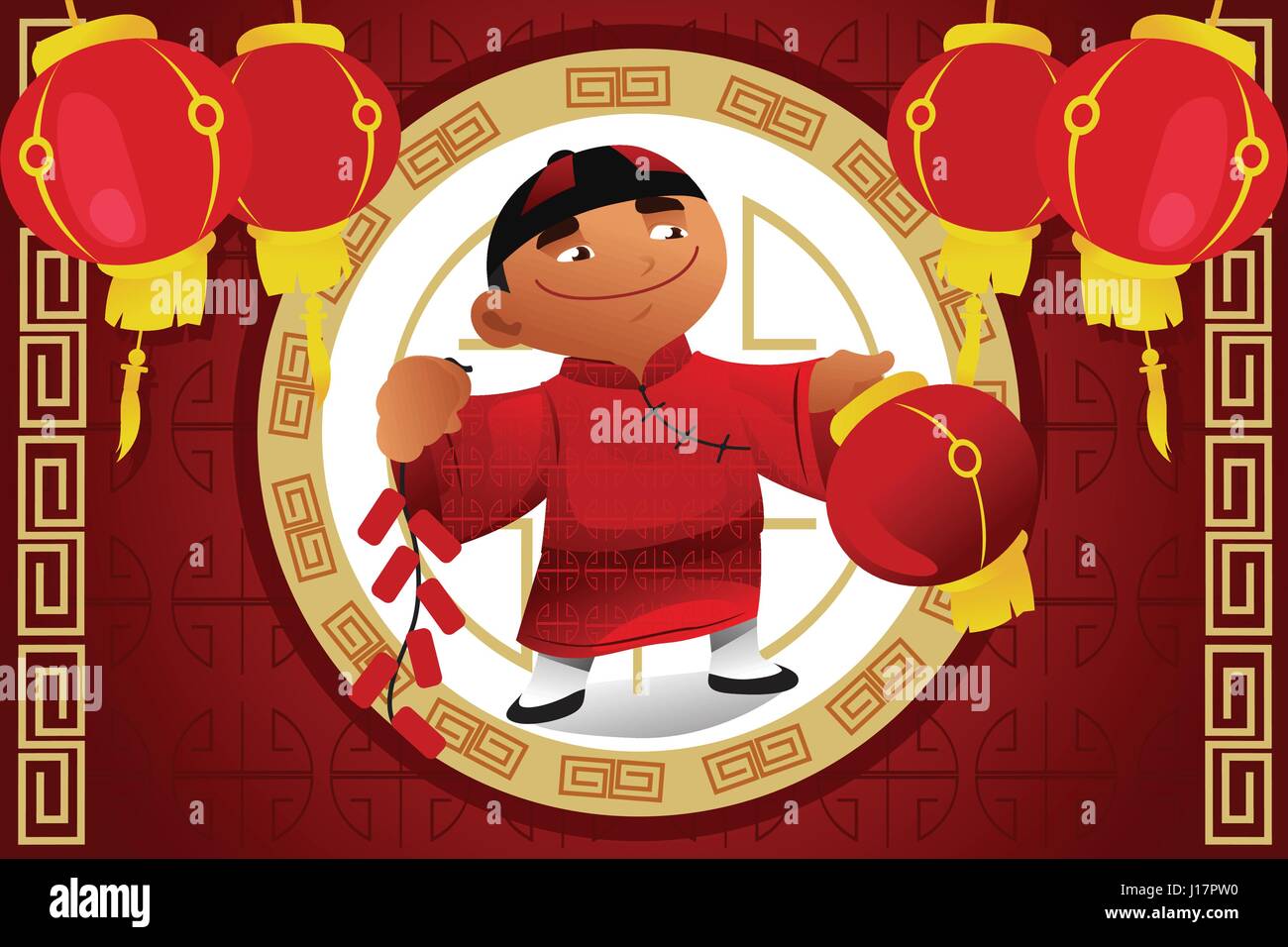 Un vecteur illustration de Chinese boy holding lantern pour le Nouvel An chinois Illustration de Vecteur