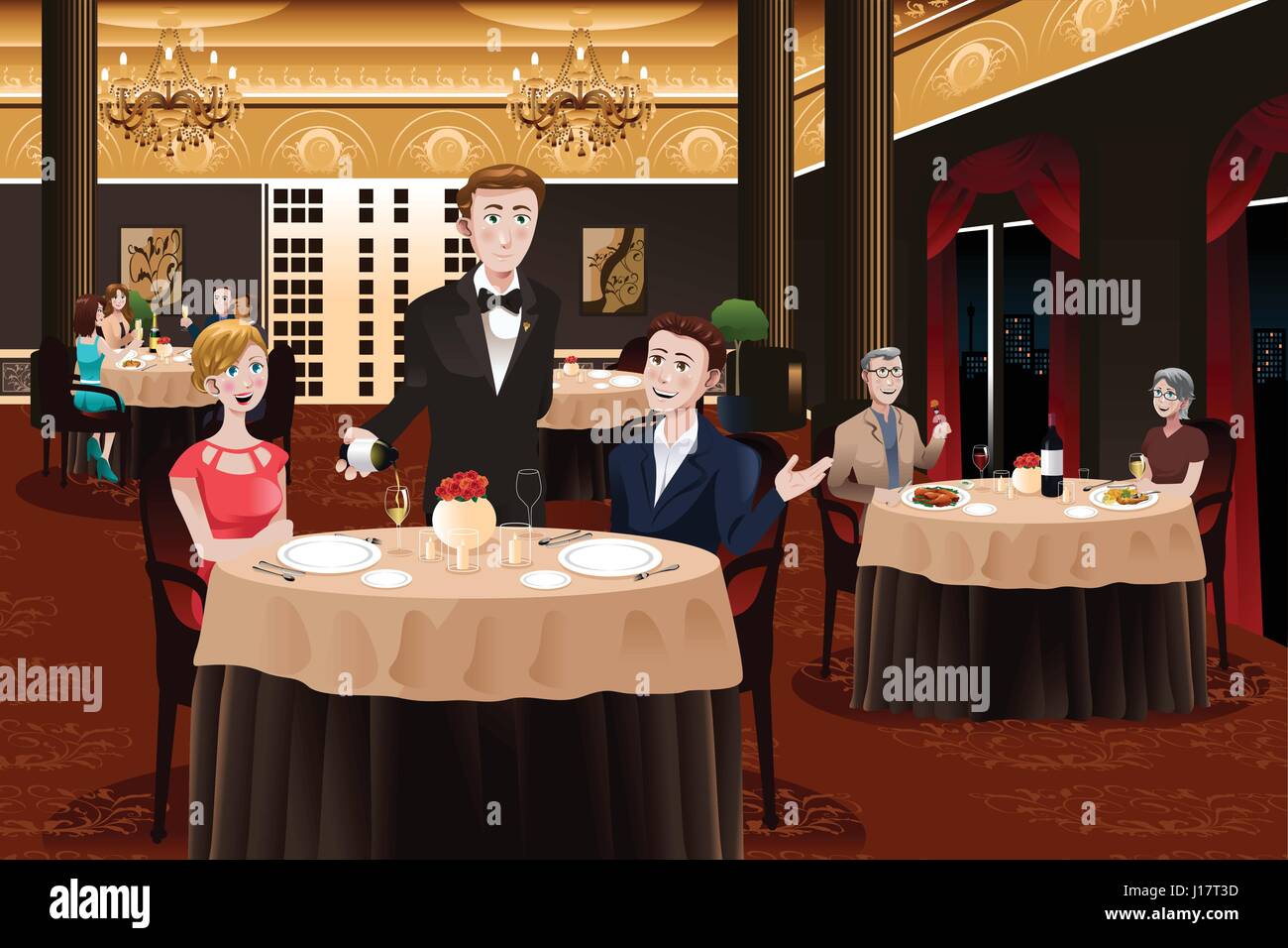 Un vecteur illustration d'un serveur dans un restaurant servant des clients  Image Vectorielle Stock - Alamy