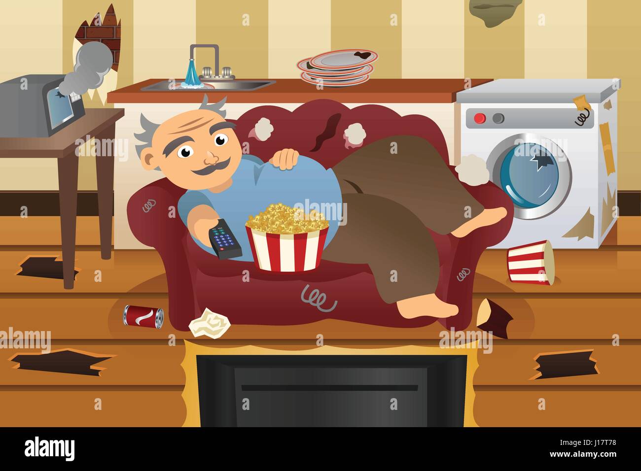 Un vecteur illustration de paresseux et négligent l'homme regardant la télévision sur un canapé entouré de la corbeille Illustration de Vecteur