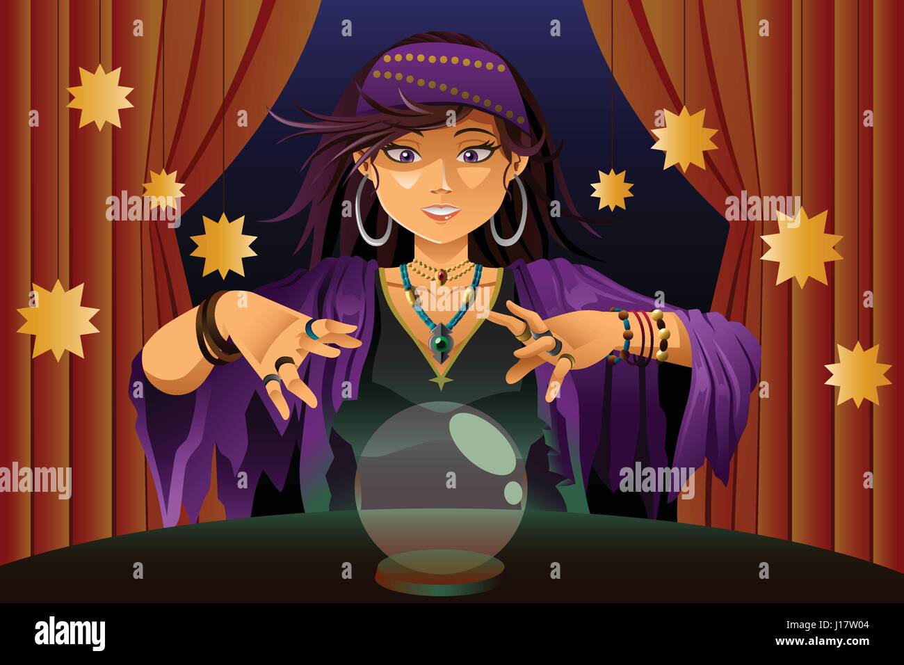 Un vecteur illustration de fortune teller femme lisant l'avenir sur la boule de cristal magique Illustration de Vecteur