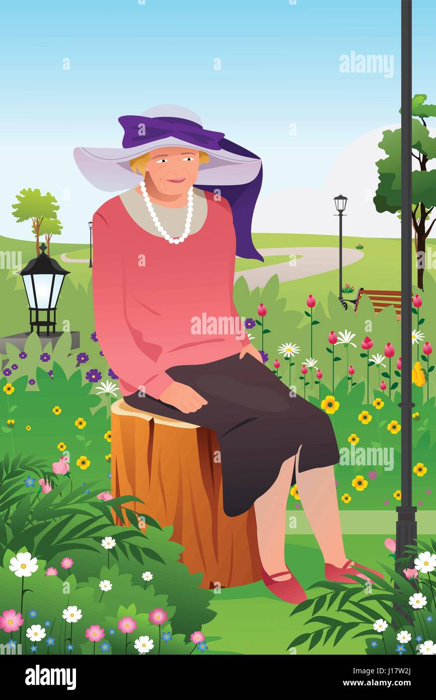 Un vecteur illustration de la haute dame dans un jardin de fleurs Illustration de Vecteur