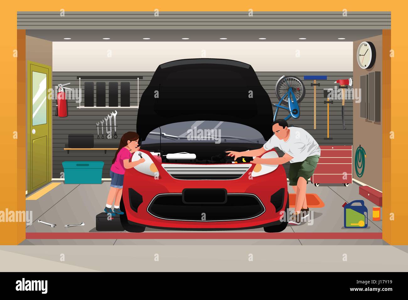 Un vecteur illustration de Père la réparation de voiture avec sa fille Illustration de Vecteur