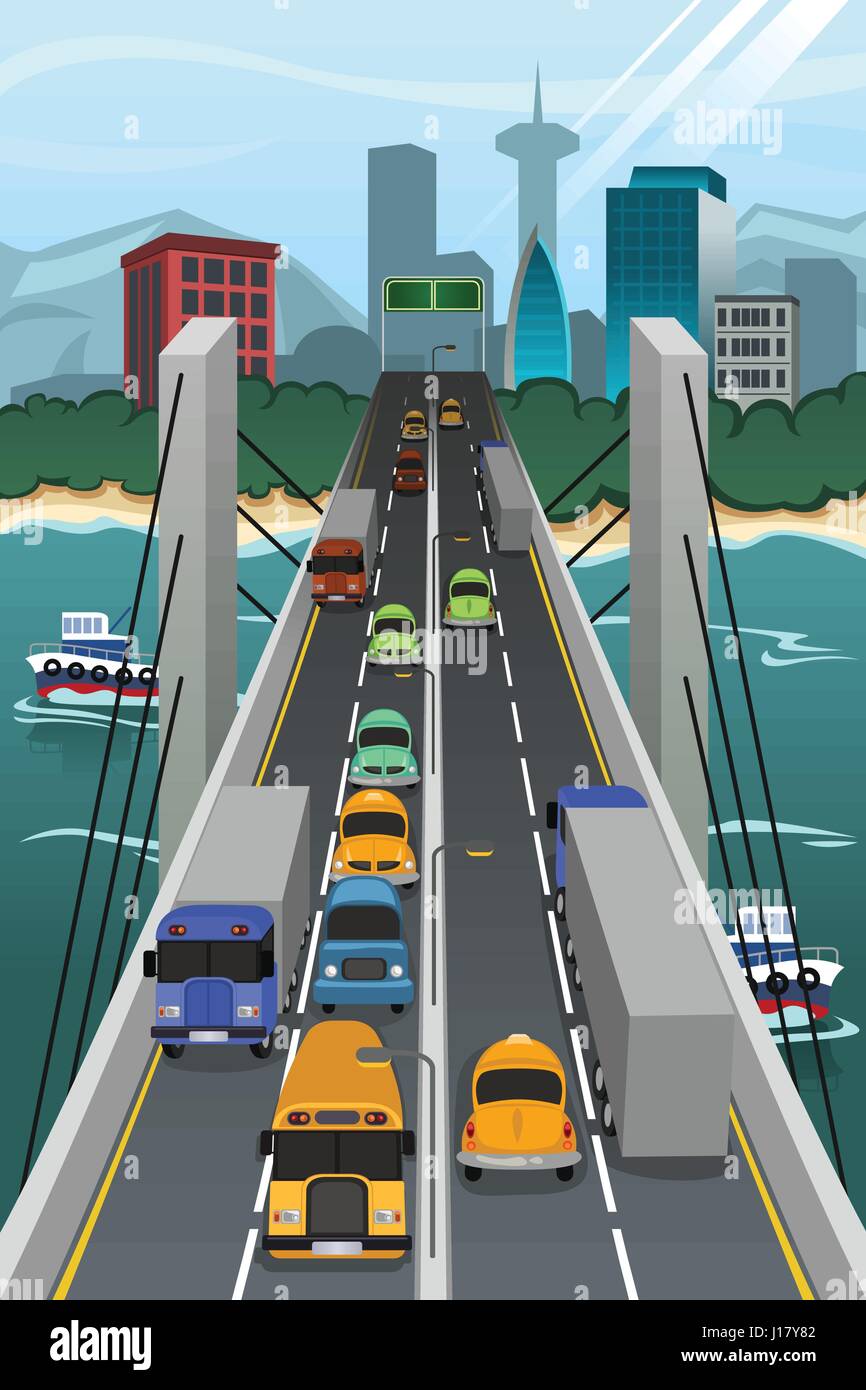 Un vecteur illustration de vue aérienne de la circulation sur le pont Illustration de Vecteur