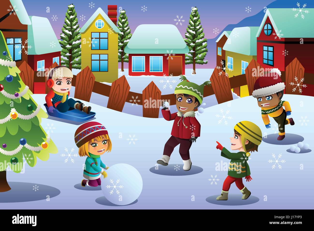 Un vecteur illustration d'enfants jouant dans la neige pendant la saison d'hiver Illustration de Vecteur
