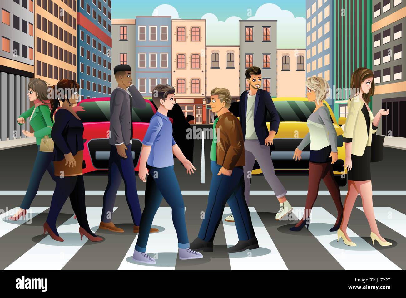 Un vecteur illustration de la ville de gens qui traversent la rue aux heures de pointe Illustration de Vecteur