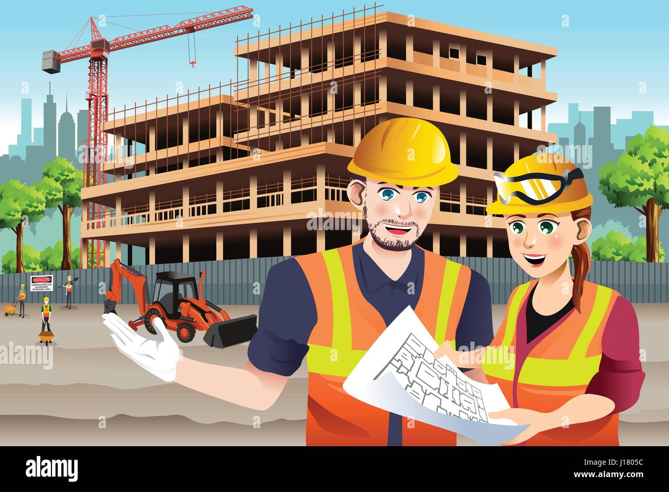 Un vecteur illustration de Female Construction Worker avec un collègue ...