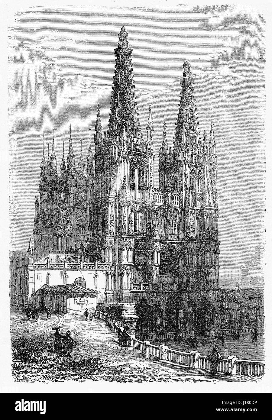 Vintage gravure de cathédrale Santa Maria de Burgos en style gothique, datant 1221 Banque D'Images