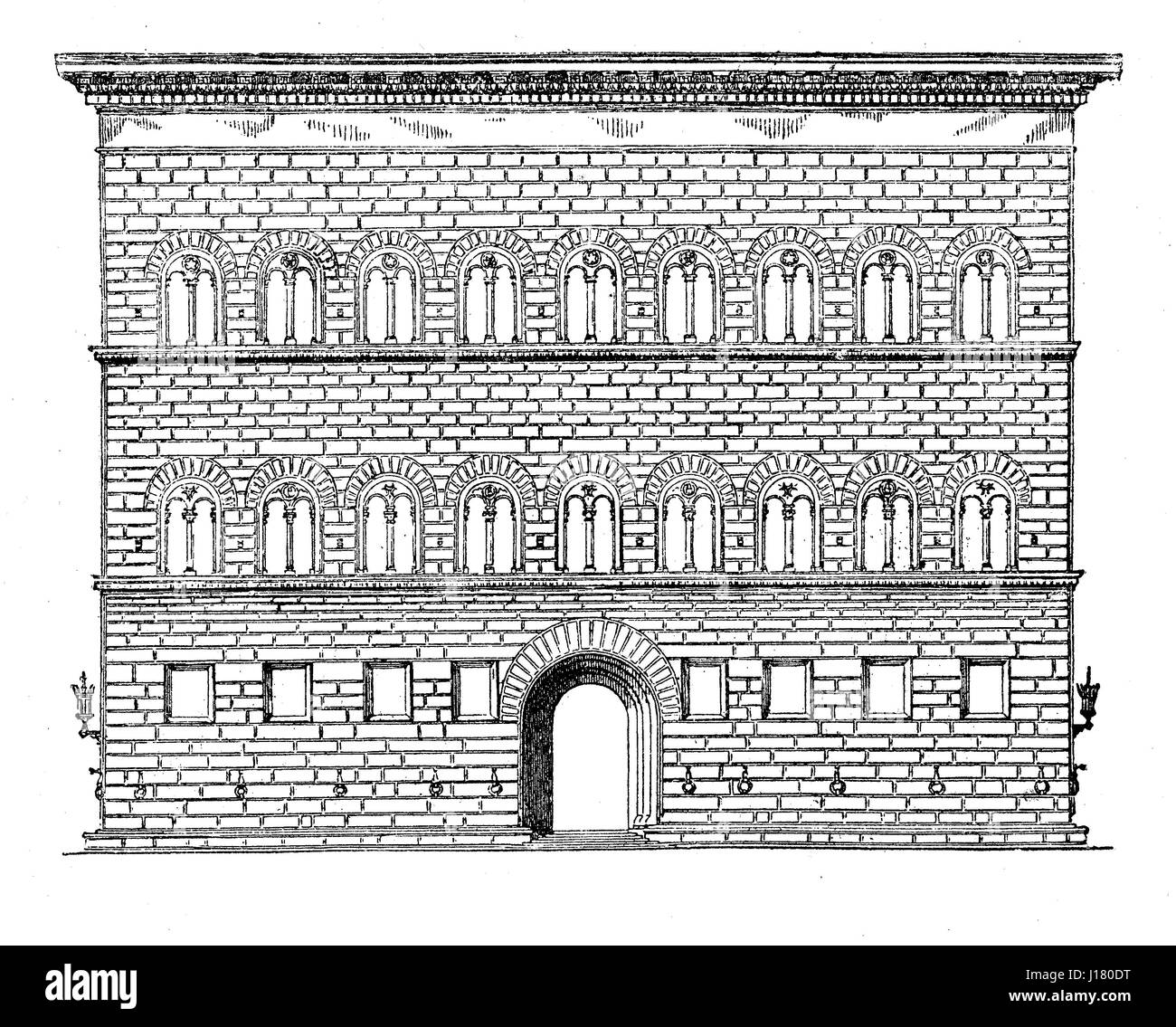Vintage gravure de Palazzo Strozzi a été commencé en 1489 par Benedetto da Maiano, pour Filippo Strozzi l'aîné comme un symbole de statut pour prouver son importance au cours de la famille Médicis. Banque D'Images
