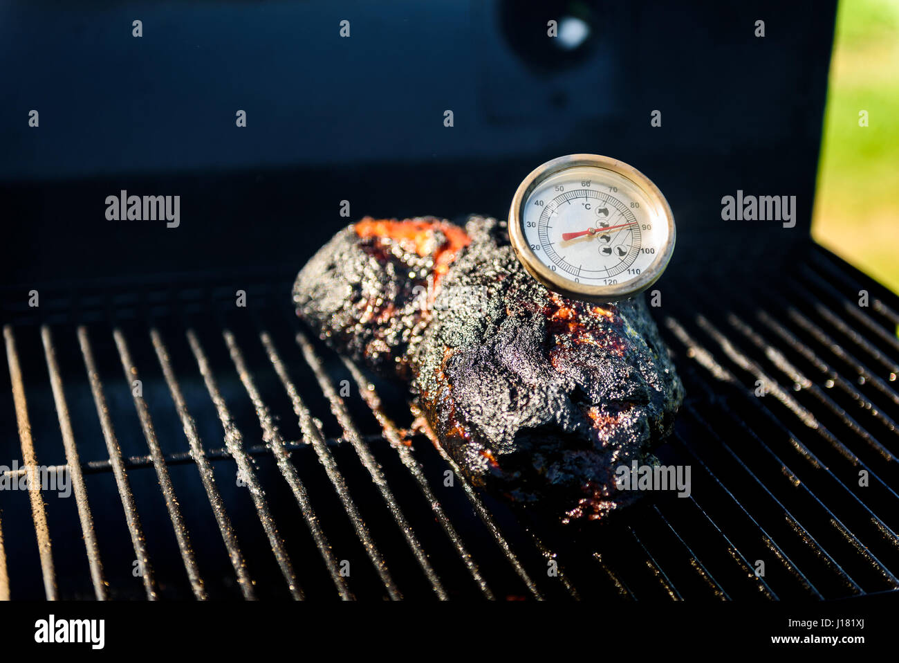 Un barbecue familial - barbecue pique-nique. Contrôle de la température correcte avec thermomètre à viande. Banque D'Images