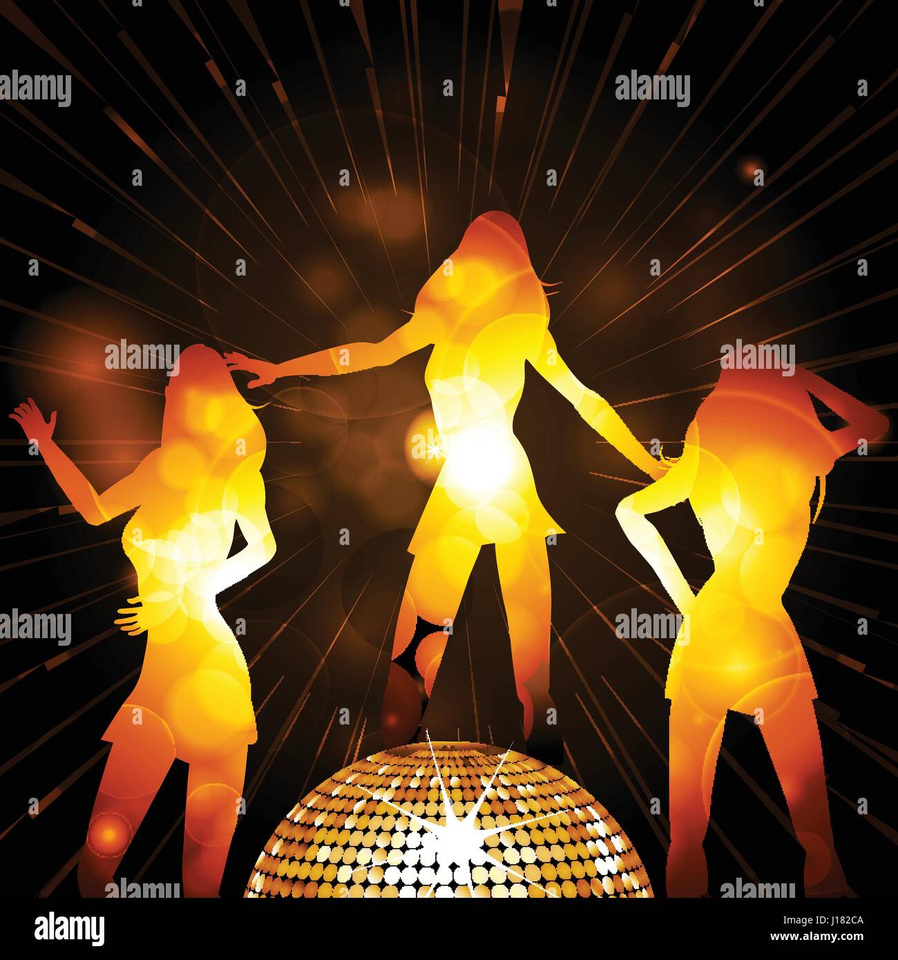 Brillant d'or danse silhouettes féminines sur fond lumineux avec boule disco Illustration de Vecteur