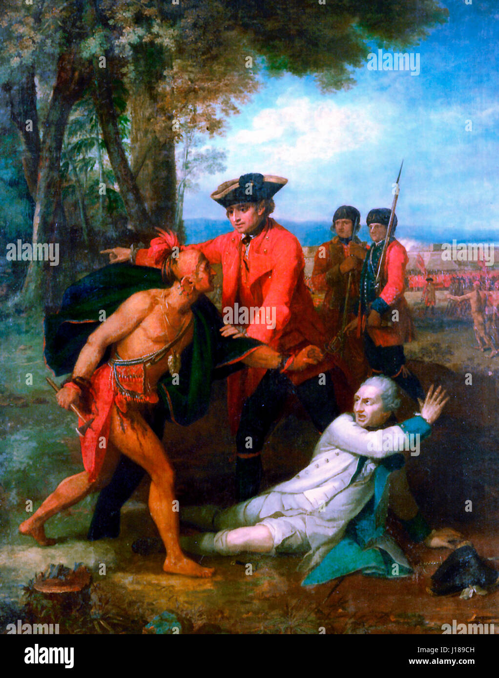 Le général Johnson l'enregistrement d'un officier français blessé du tomahawk d'un Indien de l'Amérique du Nord pendant la guerre de 1755 Banque D'Images