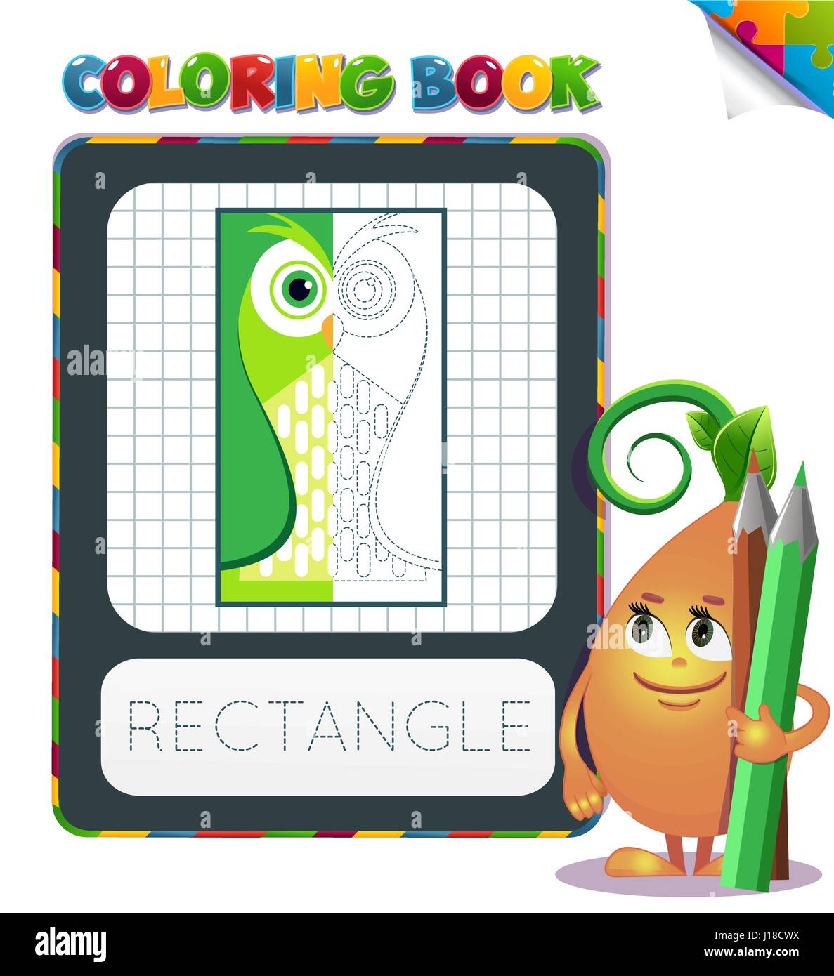 La moitié de la forme géométrique de couleur, le livre à colorier pour éduquer les enfants d'âge préscolaire , le jeu éducatif pour enfants à la couleur de l'échantillon par demi-incolore. Illustration de Vecteur