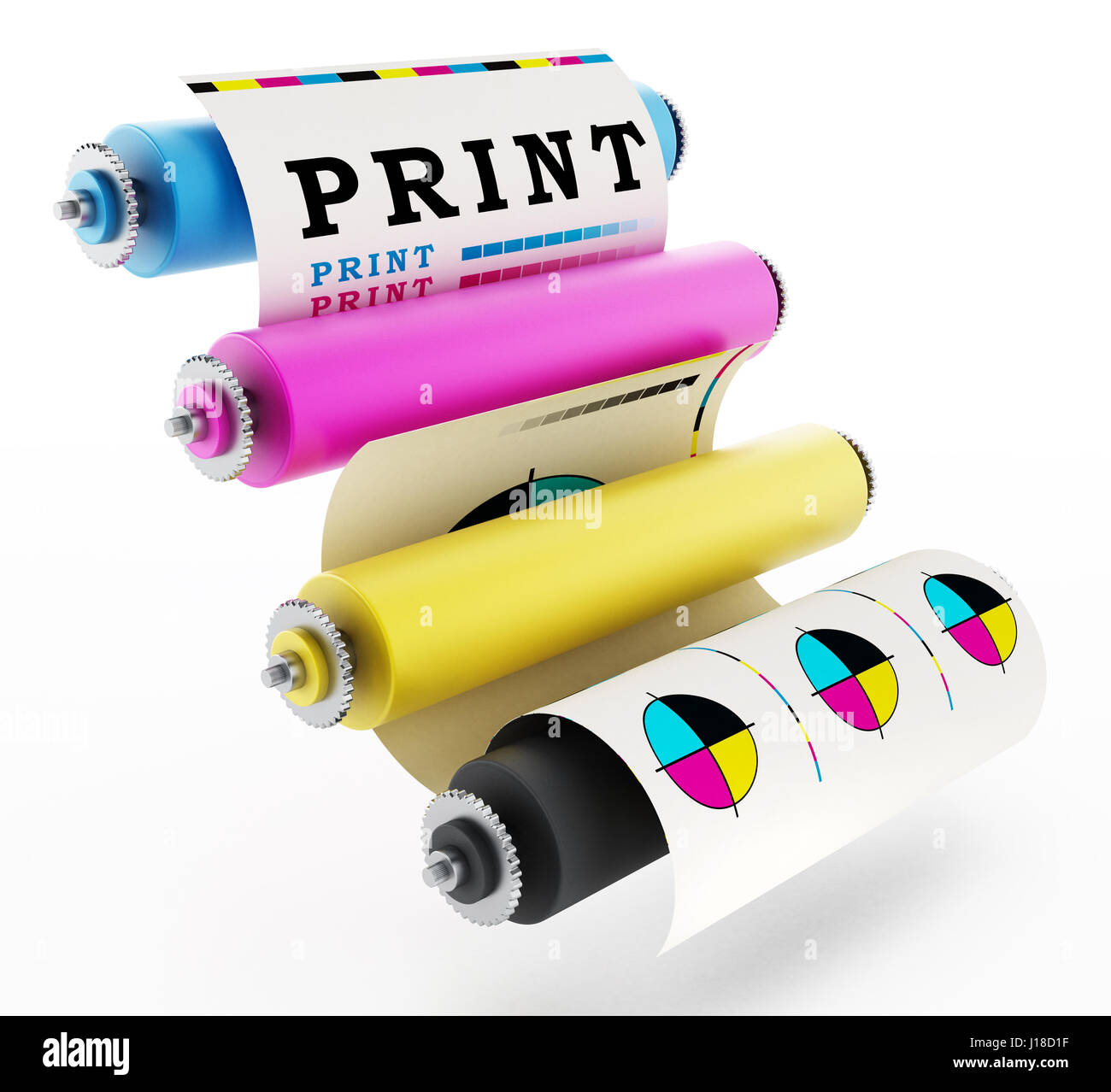 Presse d'impression CMJN avec test d'impression. 3D illustration. Banque D'Images