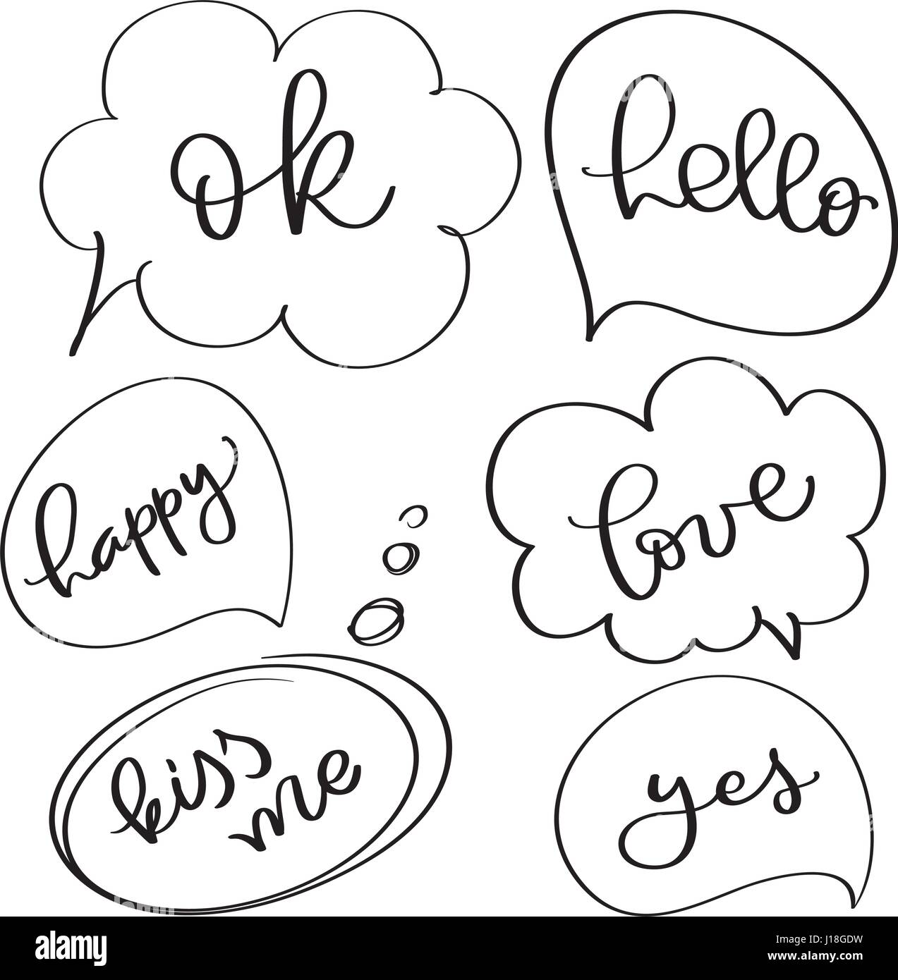 Ensemble d'épanouir la calligraphie vintage frame doodle avec mots ok, heureux, bonjour, l'amour, baise-moi, oui. Illustration vector hand drawn EPS 10 Illustration de Vecteur