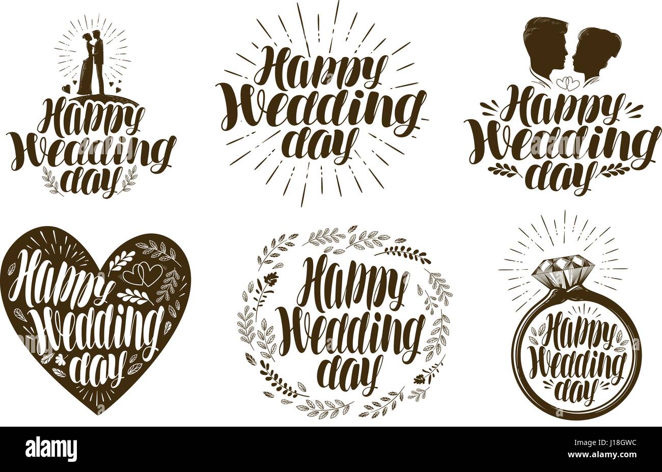 Happy Wedding Day, l'étiquette définie. Couple marié, l'amour ou l'icône d'un logo. Vector illustration lettrage Illustration de Vecteur