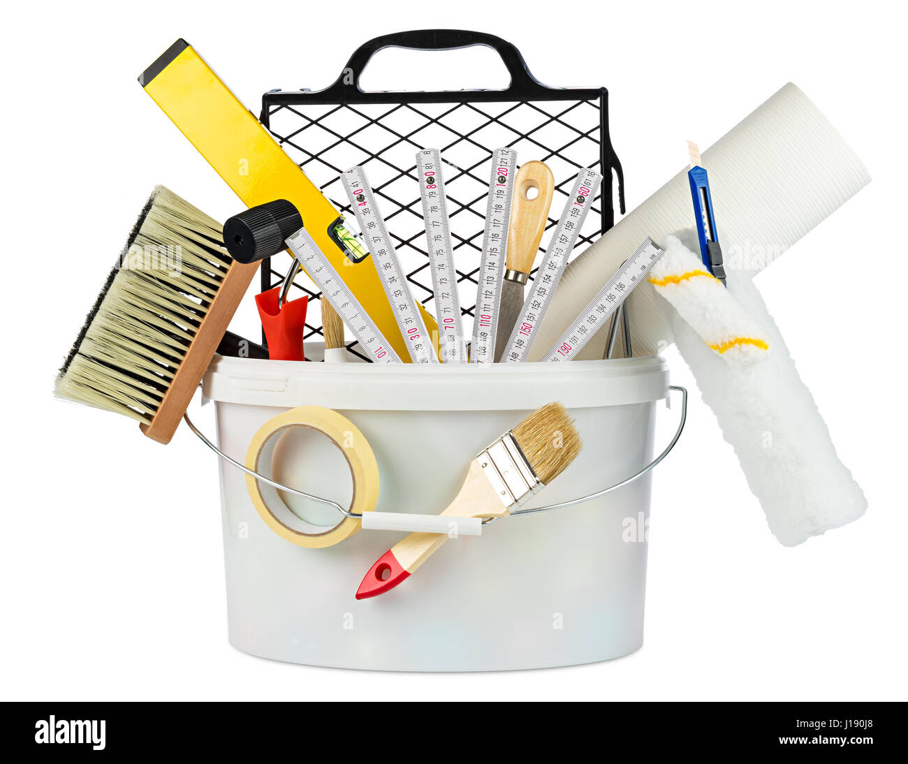 Rempli de pot de peinture décoration rénovation outils de bricolage isolé  sur fond blanc Photo Stock - Alamy