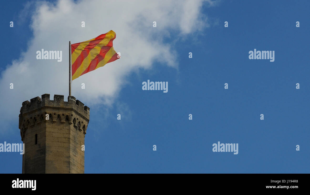 Tour du château avec drapeau. Banque D'Images