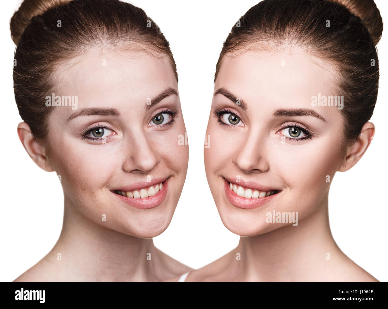Jeune femme avant et après la retouche. Banque D'Images