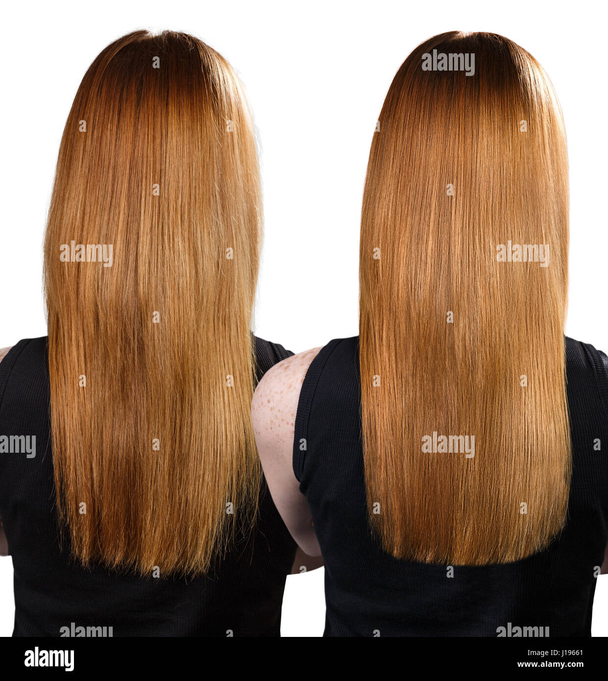 Cheveux avant et après le traitement. Banque D'Images