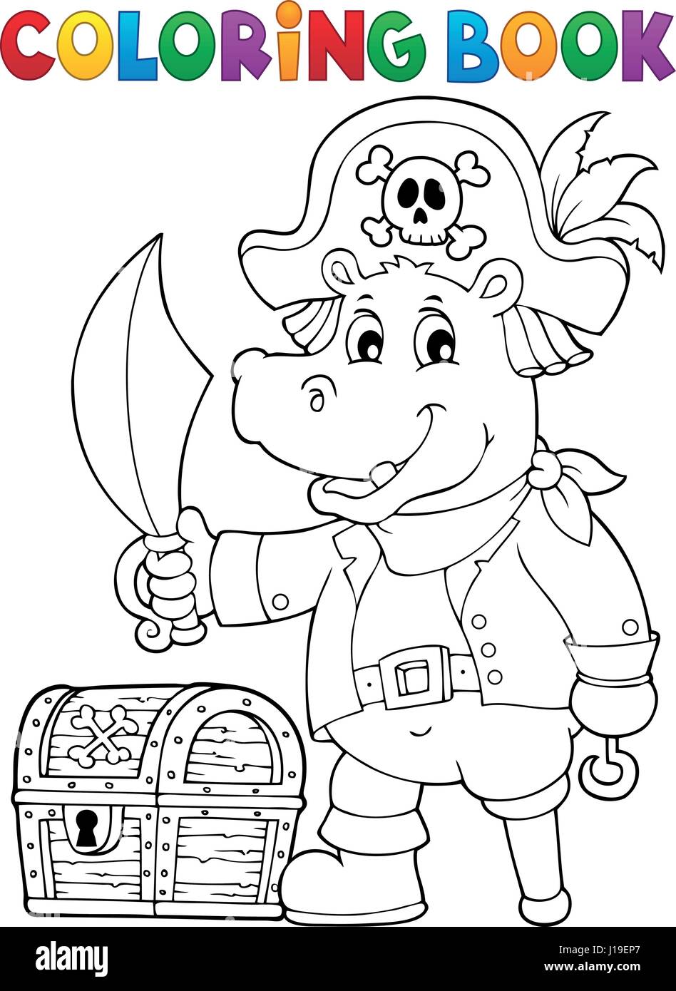 Livre de coloriage hippopotame pirate image 1 - eps10 vector illustration. Illustration de Vecteur