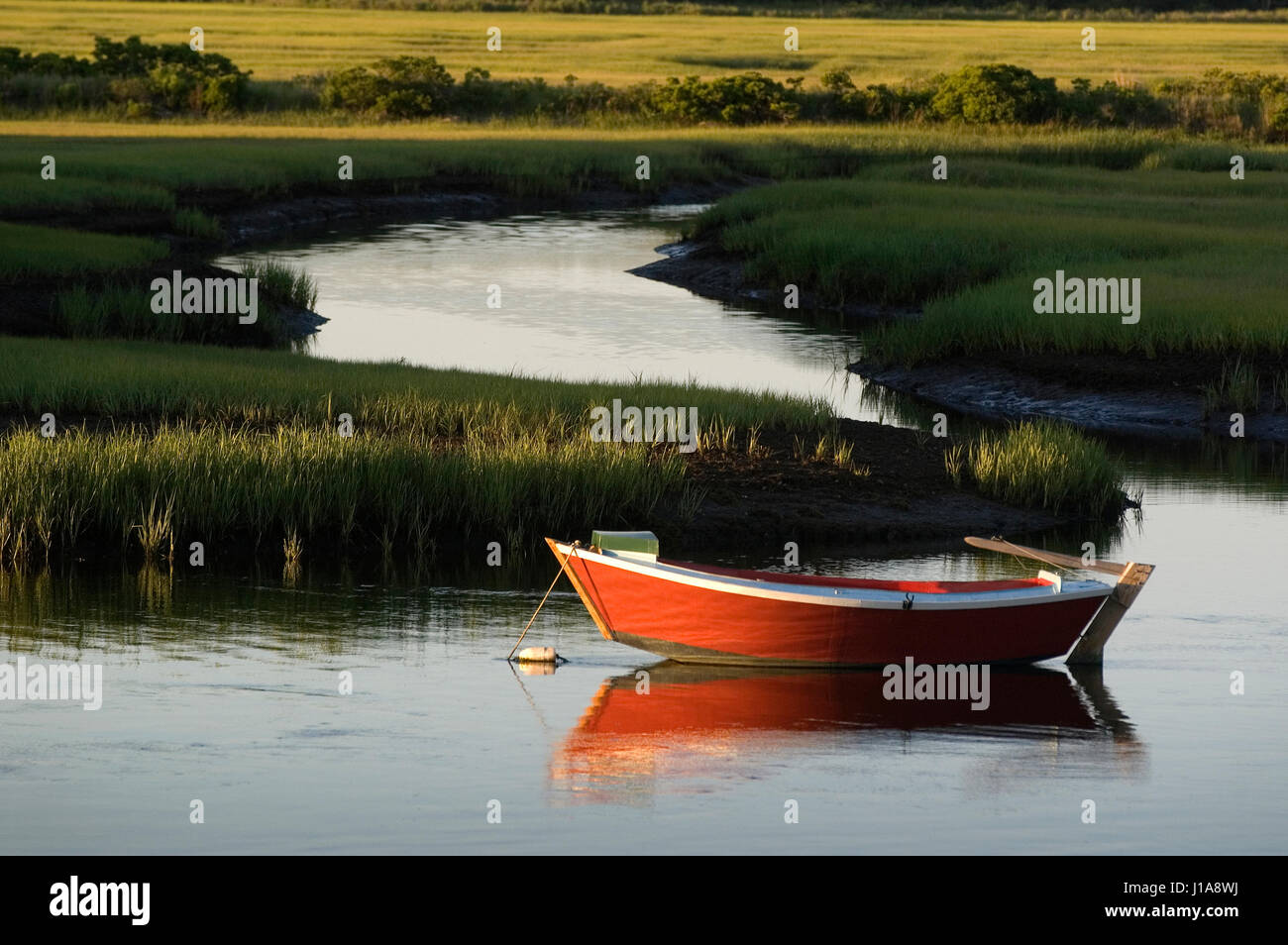 Un bateau amarré dans un marais salé dans West Harwich, Massachusetts à Cape Cod - USA Banque D'Images