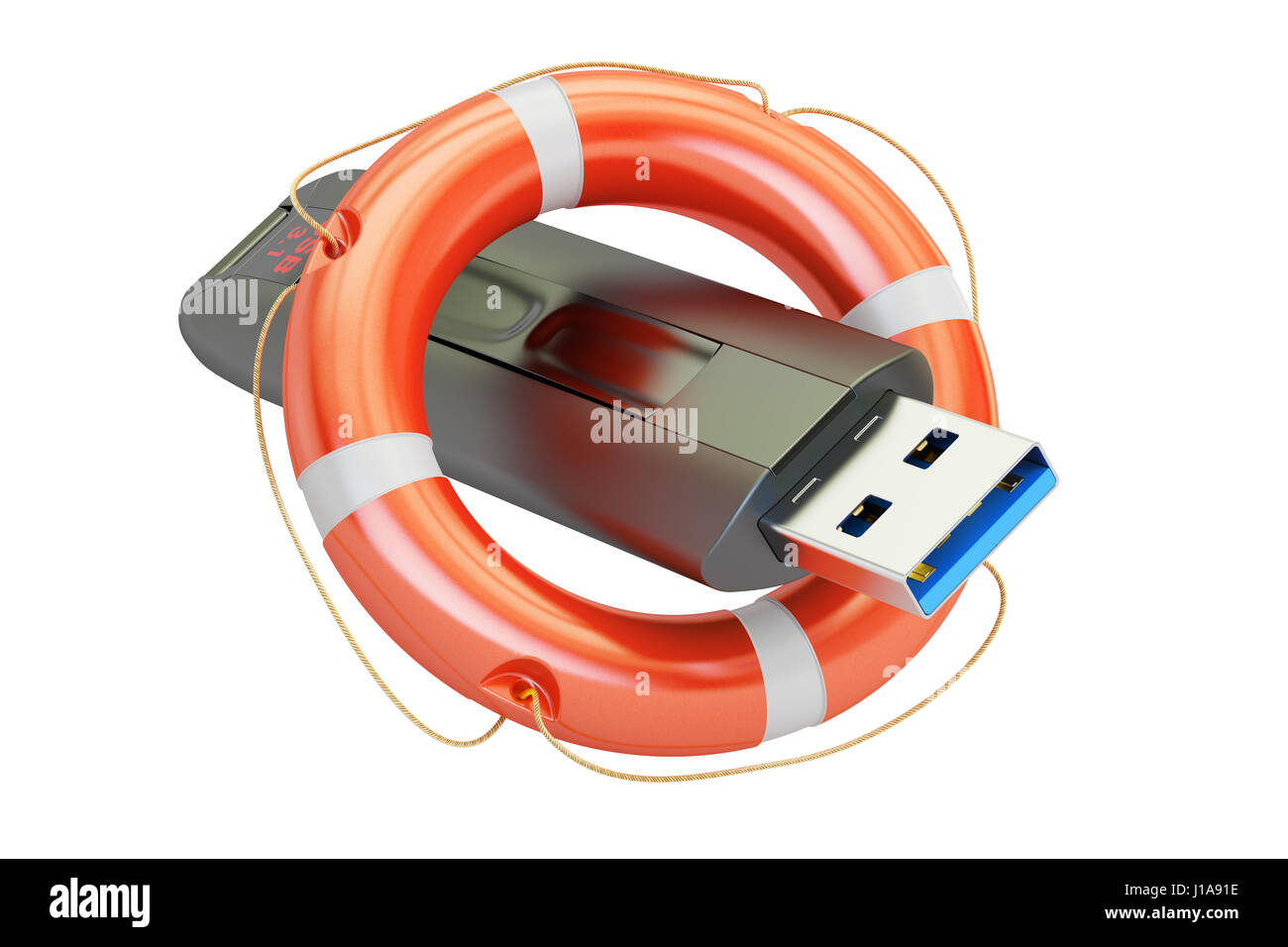 Le lecteur flash USB avec bouée, concept de sécurité. Le rendu 3D isolé sur fond blanc Banque D'Images