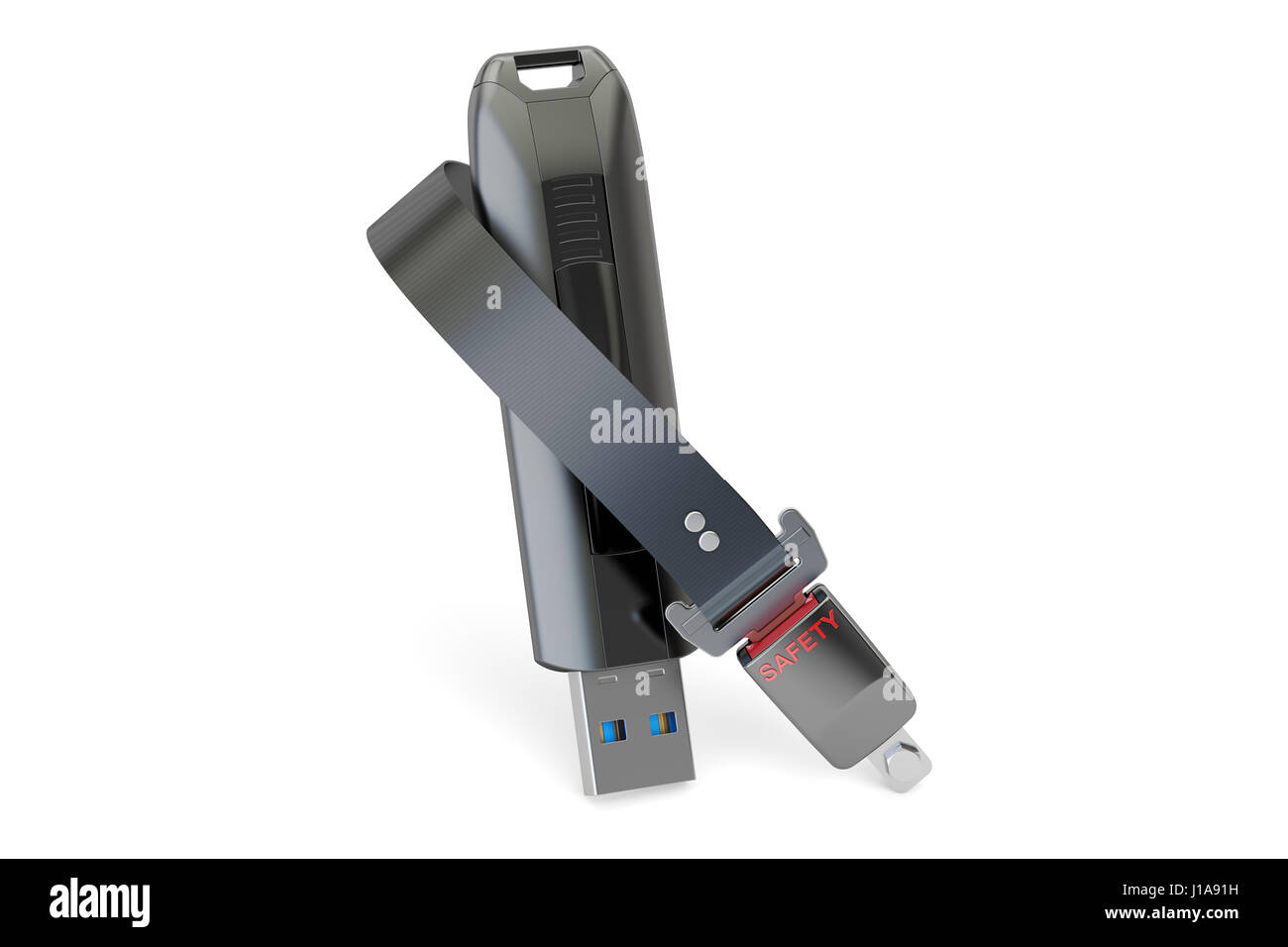Le lecteur flash USB avec ceinture, concept de sécurité. Le rendu 3D isolé sur fond blanc Banque D'Images