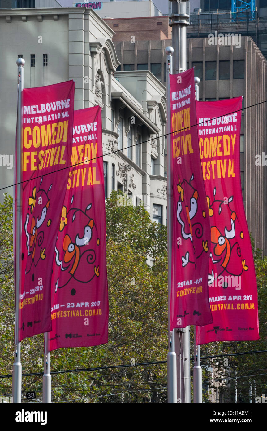 Melbourne International Comedy Festival des bannières, avril 2017. Cartoon art populaire par l'artiste local Michael Leunig. Crédit : Philip Game/Alamy Live News Banque D'Images