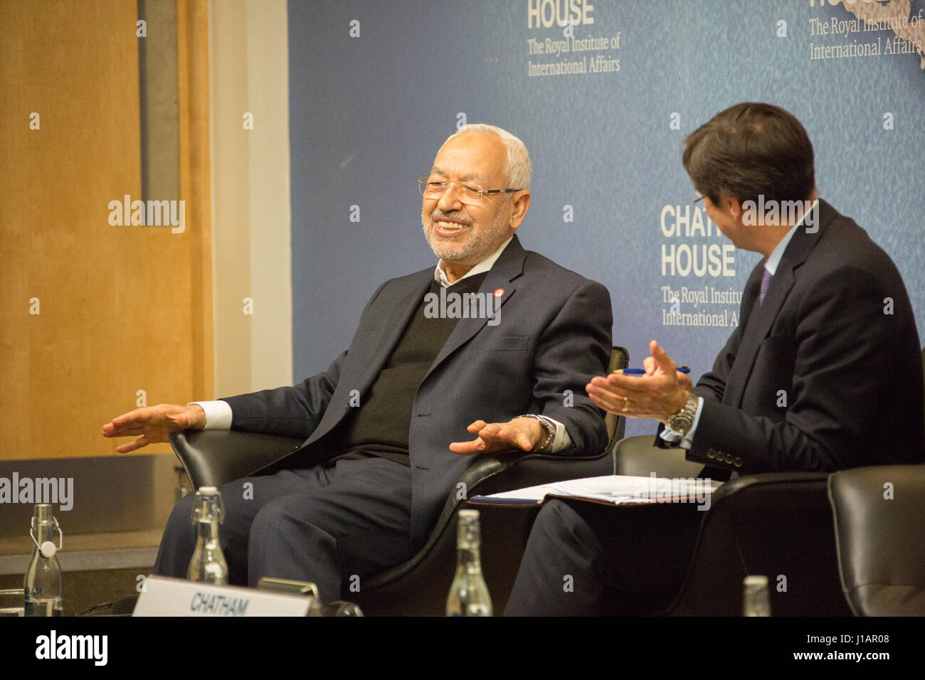 Londres, Royaume-Uni. Apr 19, 2017. Rached Ghannouchi, le co-fondateur du parti politique tunisien Ennahdha, à Chatham House à Londres pour participer à l'Asfari Forum : Perspectives sur l'Islam et la démocratie. Date de la photo : Mercredi, Avril 19, 2017. Credit : Roger Garfield/Alamy Live News Banque D'Images