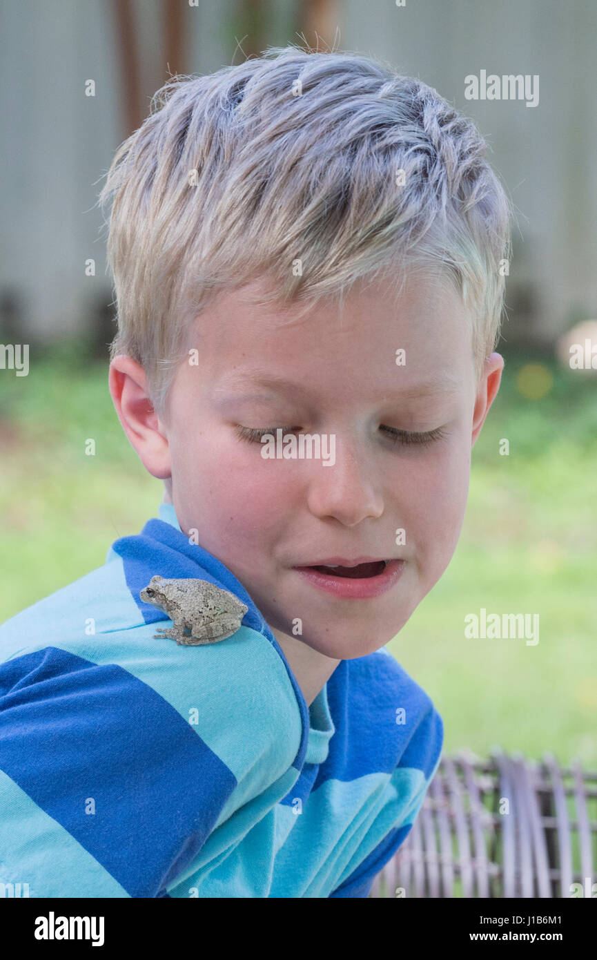 Close up of Caucasian boy looking at frog sur l'épaule Banque D'Images
