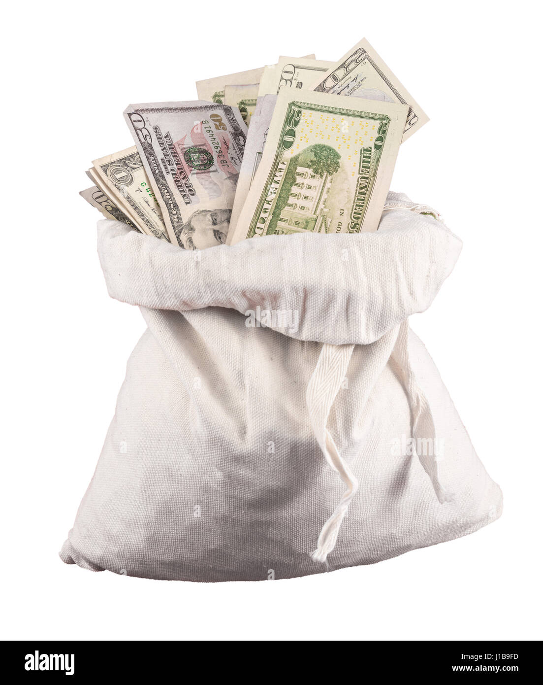 Sac de l'argent - US dollar bills ou monnaie US dollar bank note dans un sac d'argent isolé sur fond blanc Banque D'Images