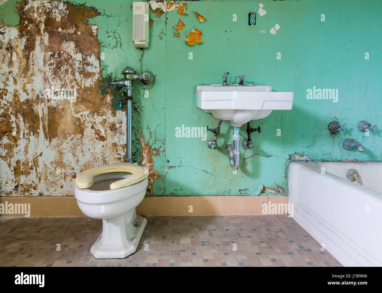 Vieille salle de bains et toilettes à l'intérieur Trans-Allegheny Lunatic Asylum heritage centre à Weston, West Virginia, USA Banque D'Images